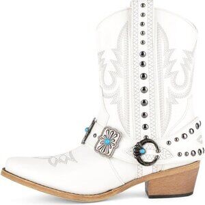 Women's White Ankle High Embroidery Pointed Toe Cowgirl Boots Rodeo Country
